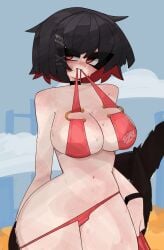 1girls annoyed beach bikini black_hair blush ellen_joe hoyoverse materenho public red_highlights shark shark_girl shark_tail shy zenless_zone_zero