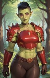 ai_generated armor colored_skin day dungeons_and_dragons fantasy female forest green_skin muscular muscular_female orc orc_female outdoors outside pdbai solo solo_female tagme tusks warcraft world_of_warcraft