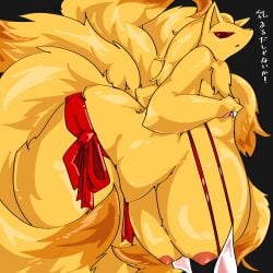 1:1 absurd_res anthro ashi_foot big_breasts breasts female generation_1_pokemon hi_res huge_breasts mostly_nude multi_tail ninetales nintendo nipples non-human_areolae pokemon pokemon_(species) red_sclera slightly_chubby slightly_chubby_female solo tail thick_thighs wide_hips