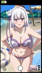 1girls armpits beach belly blush breasts breasts breasts_focus camera_phone camera_view cleavage elf elf_ears elf_female elf_girl emilia_(re:zero) half_naked hands_on_hips hips indexryo looking_at_viewer partially_clothed photo purple_eyes re:zero_kara_hajimeru_isekai_seikatsu silver_hair solo solo_female standing swimsuit thighs