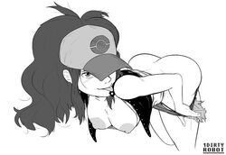 1dirtyrobot 1girls areolae ass ass_up bent_over big_breasts breasts breasts_out clothes exposed_breasts female hanging_breasts hat hilda_(pokemon) human jacket long_hair looking_at_viewer monochrome nintendo nipples pants_down pokemon pokemon_bw ponytail shirt shirt_up shorts smile standing text undressing watermark white_background