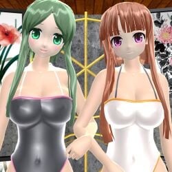 2024 2girls 3d_(artwork) arm_holding belly_button big_breasts black_swimsuit brown_hair_female busty cleavage covered_navel duo_female duo_focus female green_eyes green_hair_female hati_yukkuri_mmd hidden_star_in_four_seasons holding_each_other human inside inside_view jpeg large_breasts light-skinned_female looking_at_viewer mmd nishida_satono pink_eyes rubber rubber_clothing smile smiling_at_viewer swimsuit teireida_mai touhou white_swimsuit