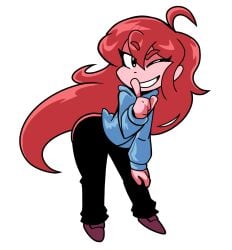 blue_jacket celeste_(game) cowlick finger_to_mouth long_hair madeline_(celeste) red_hair tornad0tommy wink winking_at_viewer winter_clothes