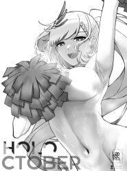 1girls black_and_white breasts cheerleader convenient_censoring female grayscale holoctober hololive hololive_indonesia landacdeus large_ass looking_at_viewer mostly_nude naked navel nude pavolia_reine pom_poms side_ponytail smile smiling_at_viewer solo sweat virtual_youtuber vtuber