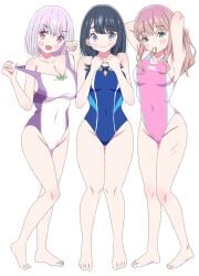 adjusting_hair armpits arms_up ass_visible_through_thighs bare_arms bare_legs bare_shoulders bare_thighs barefoot belly_button_visible_through_clothing big_breasts black_hair blue_one-piece_swimsuit blush body_blush breasts brown_hair cleavage closed_mouth collarbone feet green_eyes gridman_universe groin long_hair medium_breasts minami_yume one-piece_swimsuit open_mouth pink_one-piece_swimsuit purple_eyes purple_hair red_eyes shinjou_akane sho_(shoshos_8888) short_hair smile strap_pull swimsuit swimsuit_pull takarada_rikka thick_thighs thighs toes white_one-piece_swimsuit