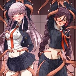 2girls arms_up bakasp-lilzy black_hair black_jacket black_ribbon black_skirt blush bound bound_arms braid collared_shirt cowboy_shot danganronpa:_trigger_happy_havoc danganronpa_(series) frown fukawa_toko glasses grey_hair groin hair_ribbon highres jacket kirigiri_kyoko long_hair long_sleeves miniskirt multiple_girls navel necktie open_clothes open_jacket orange_necktie pleated_skirt rape restrained ribbon round_eyewear shirt side_braid skirt tentacle tentacle_sex twin_braids twintails white_shirt