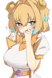 +_+ blonde_hair blue_eyes blue_hair blue_nails blush bombergirl bow bowtie breasts buttons commentary_request cum cum_on_body cum_on_hands explosive female fingernails grenade grenade_hair_ornament hair_intakes highres large_breasts looking_at_viewer multicolored_hair nouka open_mouth orange_bow orange_bowtie pine_(bombergirl) puffy_short_sleeves puffy_sleeves shirt short_hair short_sleeves simple_background smile smug solo two-tone_hair two_side_up upper_body v white_background white_shirt yellow_pupils