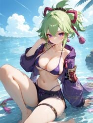 absurd_res ai_generated barefoot bikini blush breasts feet genshin_impact kuki_shinobu micro_bikini ministro wet