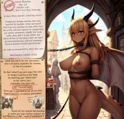 ai_generated anime auction big_breasts blonde_hair blue_eyes bondage bounty_hunters chains collar dragon dragon_tail dragon_wings edited fantasy female fictional golden_hair horns market naked nude photoshop requested roleplay ropes slave slave_auction slave_market slavegirl slavery sold_to_slavery waifu waifumarket yellow_skin