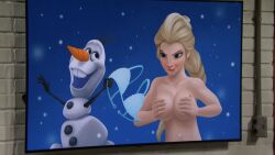 16:9 big_breasts black_arms black_hair blonde_hair blue_background blue_bikini_top blue_eyes blush buckteeth disney elsa_(frozen) eyelashes female frozen_(film) holding_bikini_top light_skin male nude nude_female official_art olaf_(frozen) orange_nose ponytail saturday_night_live snowing snowman touching_breast tv