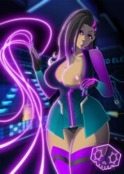 1girls areola black_hair black_panties breasts cleavage dress gloves glowing hair_over_one_eye head_tilt large_breasts long_hair looking_at_viewer microdress multicolored_hair nipple one_breast_out overwatch panties purple_eyes purple_hair smile sombra thighhighs thighs waifuholic wide_hips