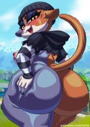 absurd_res anthro areola ass big_ass big_breasts big_butt biped blush bodily_fluids breasts domestic_cat epic_games eyelashes felid feline felis female fingers fortnite fur genital_fluids hi_res huge_ass huge_butt looking_at_viewer looking_back mammal meow_skulls meow_skulls_(fortnite) multicolored_body nipples open_mouth outside pupils pussy solo standing tail thick_thighs three-quarter_view toto_draw vaginal_fluids