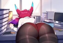 1female 1girls ai_generated anemoi ass ass_focus back_view curvy curvy_figure desk facing_away female from_behind league_of_legends office office_lady panties panties_under_pantyhose pantyhose red_panties riot_games solo solo_focus tights vastaya xayah