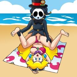 anti_groove beach big_breasts bikini blonde_female blonde_hair blue_eyes breasts earrings flower laying_down legs_apart lipstick lisnovski mario_(series) mask missionary_position nipples outdoors partially_clothed penetration penis princess_peach pussy sex shy_guy sunglasses sunglasses_on_head super_mario_odyssey top_hat towel vaginal_penetration