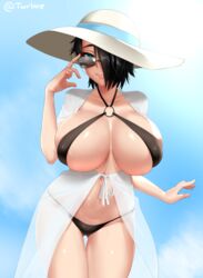 bikini breasts cleavage female female_only hair_over_one_eye huge_breasts looking_at_viewer saya_(twrlare) solo twrlare