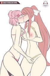 2girls areolae bare_arms bare_legs bare_midriff bare_shoulders blush bow breast_grab breast_squeeze breasts breasts_out brown_hair closed_eyes doki_doki_literature_club female female_only fingering flat_colors hairclip holding holding_breast ilustretsspoks kissing large_breasts legs lingerie long_hair making_out midriff monika_(doki_doki_literature_club) mostly_nude multiple_girls natsuki_(doki_doki_literature_club) navel nipples nude pink_hair pink_underwear ponytail short_hair small_breasts thick thick_thighs thighs underwear white_background yellow_underwear yuri