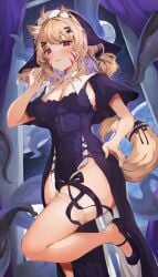 1girl ahoge animal_ear_fluff animal_ears bangs black_dress black_footwear blonde_hair blush breasts cat_ears cat_girl cat_tail catgirl cleavage closed_mouth curtains dress eyebrows_visible_through_hair face_markings female hair_ornament hairclip large_breasts long_hair looking_at_viewer medium_breasts pelvic_curtain red_eyes shoes short_dress short_sleeves side_slit smile solo squchan_(vtuber) standing standing_on_one_leg star_(sky) starry_sky tail thighs twintails virtual_youtuber vyugen