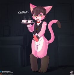 absurd_res anthro balls beverage blush bodily_fluids bow_tie claws clothing coffee container cum cumshot cup domestic_cat ejaculation felid feline felis formal_clothing genital_fluids genitals heart_eyes heart_symbol hi_res hot_beverage male mammal paws penis senz solo standing suit tail text tray waiter