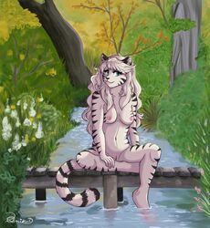 2018 5_fingers anthro biped black_fur black_nose black_stripes black_tail blue_eyes breasts bridge cheek_tuft collarbone crossed_legs eyelashes feline female flower front_view fur grass hair hand_on_leg humanoid_hands inner_ear_fluff kisa_schatz leaf lighting long_hair looking_aside looking_away mammal medium_breasts nature navel nipples nude outside partially_submerged pink_nipples pink_pussy pinup plant pose pussy q-nik reflection river shadow shrub signature sitting smile solo striped_fur striped_tail stripes tiger tiger_stripes tree tuft two_tone_tail water water_reflection white_fur white_hair white_tail white_tiger