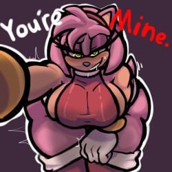 1girls amy_rose anthro bending_forward breasts drool drooling english_text front_view furry furry_female green_eyes grin heart-shaped_pupils hedgehog imminent_rape imminent_sex large_breasts looking_at_viewer neisucksatart pink_fur pov rape_face red_dress sideboob sonic_(series) sonic_the_hedgehog_(series) sweat tail text thick_thighs