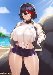 1girls aestheticc-meme angry big_breasts black_hair blue_eyes breasts huge_breasts human jacket kill_la_kill looking_at_viewer matoi_ryuuko navel red_highlights solo solo_female underass