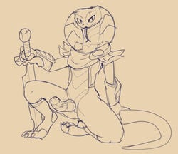 2018 animal_genitalia anthro armor atrolux blizzard_entertainment claws clothing erection fingerless_gloves forked_tongue furry genital_slit gloves holding_object holding_weapon knot legwear looking_away male male_only melee_weapon mostly_nude on_one_knee penis pose reptile scales scalie sethrak sketch slit slit_pupils snake snake_hood socks solo sword toe_claws toeless_socks tongue tongue_out vein veiny_penis video_games warcraft weapon