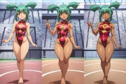 ai_generated bare_shoulders barefoot cleavage_cutout cleavage_window dark_skin fair_skin feet full_body gluteal_fold green_eyes green_hair groin gyaru gymnast gymnast_leotard gymnastics highleg_leotard leotard luka_(yu-gi-oh!) luna_(yu-gi-oh!) medium_breasts shonen_jump shounen_jump shueisha sleeveless standing tan tanned tanned_girl thick_thighs thigh_gap toes twintails weekly_shonen_jump weekly_shounen_jump wide_hips yellow_eyes yu-gi-oh! yu-gi-oh!_5d's zakvar