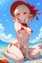 absurd_res aged_up ai_generated barefoot bikini blush breasts feet genshin_impact klee_(genshin_impact) micro_bikini ministro wet