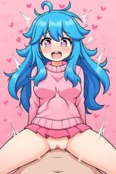 1boy 1boy1girl 1girls ai_generated blue_hair cowgirl_position flanofart heart heart-shaped_pupils hearts_around_head long_hair messy_hair motion_blur motion_lines open_mouth pink_eyes simple_background skirt stomach_bulge sweater tagme