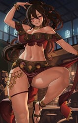 1girls arab_dancer arabian_clothes belly_dancer belly_dancer_outfit breasts brown_eyes brown_hair cameltoe cleavage dancer dancer_outfit dancing female female_only gypsy harem_girl harem_outfit jewelry lasterk midriff octopath_traveler open_toe_shoes panties primrose_azelhart smile solo tan_skin