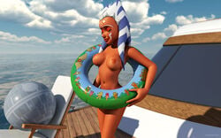 1girls 2014 3d ahsoka_tano alien alien_girl artist_name bare_shoulders big_breasts busty clone_wars closed_eyes curvy day death_star_beach_ball detailed_background erect_nipple erect_nipples ewok_floating_tire eyelashes female female_only front_view holding_object hourglass_figure humanoid jedi jedi_padawan kondaspeter mammal marking midriff naked nude orange_skin outdoor outside pose posing shadow shiny shiny_skin solo standing star_wars swimsuit thong togruta voluptuous water wide_hips