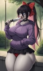 ai_generated crazy_girl creepypasta hoodie knife long_hair nina_the_killer pale-skinned_female panties purple_clothing purple_hoodie red_panties skirt visible_panties white_body