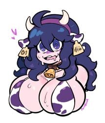 alchykiller artist_name big_breasts cleavage color cow_ears cow_girl cow_headband cow_horns cow_print cowbell drooling female female_only heart hex_maniac horns huge_breasts light-skinned_female long_hair nipple_bulge nipples_visible_through_clothing pokemon purple_eyes purple_hair shiny_hair shiny_skin smile spiral_eyes sweat sweaty_breasts tagme tongue upper_body upper_teeth white_background