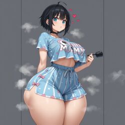 ai_generated big_ass big_breasts crop_top crop_top_overhang huge_ass midriff pajamas short_hair shorts steam thick_thighs wide_hips