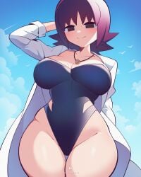 alternate_version_available breasts flipherrrr labcoat one_piece_swimsuit philena_ivy pokemon purple_hair scientist tagme