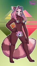 ailurid anthro breasts censored claws fluffy fluffy_ears fluffy_tail gradient_background hair herm hi_res highlights_(coloring) intersex jannet_cornwall mammal nameless_character not_a_lil_pesto paws pink_hair purple_eyes red_panda simple_background small_breasts solo sticker tail