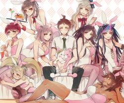 1boy 6+girls :d animal_ears bare_legs black_hair blonde_hair blush boots bow braid breasts brown_hair cleavage danganronpa danganronpa_2:_goodbye_despair dark-skinned_female dark_skin detached_collar diaper drinking_straw ear_bow food freckles fruit glass glasses green_eyes grey_hair hair_horns hairbow harem hinata_hajime holding inseki_tarou koizumi_mahiru large_breasts leotard long_hair looking_at_viewer lying medium_breasts medium_hair mioda_ibuki monomi_(danganronpa) multicolored_hair multiple_girls nanami_chiaki on_side open_mouth orange_(fruit) orange_slice owari_akane pantyhose pekoyama_peko pink_pantyhose pink_thighhighs playboy_bunny rabbit_ears red_hair saionji_hiyoko shirt short_hair sitting smile sonia_nevermind straight strapless strapless_leotard stuffed_animal stuffed_rabbit stuffed_toy sweat sweatdrop tears thighhighs torn_clothes torn_pantyhose torn_thighhighs tray tsumiki_mikan twin_braids twintails white_background white_shirt yellow_eyes