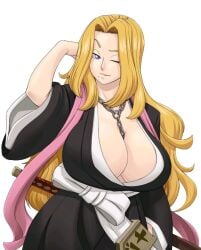 1girls 2024 2d 2d_(artwork) beauty_mark black_clothing black_kimono bleach blue_eyes brother-tico busty cleavage deviantart_link female female_only giant_breasts hand_behind_head huge_breasts kimono light-skinned_female light_skin long_hair matsumoto_rangiku mole_under_mouth one_eye_closed shounen_jump solo white_background wink