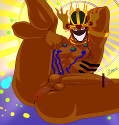 abstract_background anus ass balls bracelet brown_skin censored dark_skin grin hi_res humanoid humanoid_penis ineffective_censorship jewelry looking_at_viewer love_machine male male_only nude penis sharp_teeth smile spread_legs spreading summer_wars teeth traced