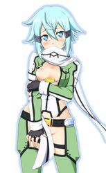 asada_shino blush breasts convenient_censoring exposed_breasts female gun_gale_online nipples no_bra no_panties pov ripped_clothing shy sinon sword_art_online white_background