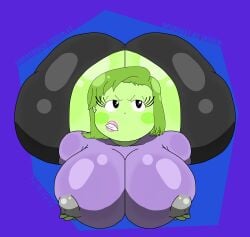 ass_and_boobs ass_visible_through_clothes black_pants disgust_(inside_out) dumptruck_ass green_hair green_skin huge_ass huge_breasts inside_out jaiden jaiden_(cosplay) laying_down looking_at_viewer looking_forward massive_ass nipples_visible_through_clothing notagoodguy1_(autor) october pink_lipstick purple_shirt shortstack shortstack-tober thick_lips