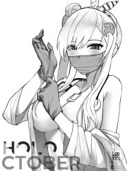 1girls airani_iofifteen black_and_white convenient_censoring doctor face_mask female gloves grayscale holoctober hololive hololive_indonesia landacdeus looking_at_viewer mask mostly_nude naked nude solo virtual_youtuber vtuber