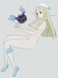 1girls blonde_hair braid breasts cosmog green_eyes hat_only lillie_(pokemon) pokemon pokemon_sm simple_background white_background