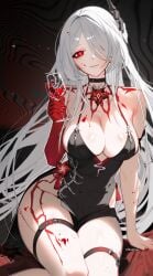 acheron_(honkai:_star_rail) black_choker choker colored_extremities cup drinking_glass female hair_over_one_eye highres holding holding_cup honkai:_star_rail honkai_(series) long_hair looking_at_viewer mature_female ohkurrva red_eyes red_hands solo thighs white_hair wine_glass