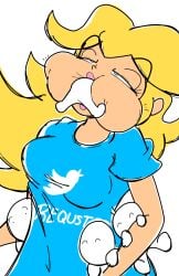 anonymous_character blonde_hair blue_eyes blue_shirt cheek_bulge dp1up giantess long_shirt mario_(series) multiple_prey pink_lips princess_peach twitter_logo vore