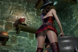 1girls 3d blender brown_hair cauldron emma_watson enigmaj female_focus female_only harry_potter hermione_granger jack-o'-lantern light-skinned_female no_panties pumpkin pussy red_boots red_dress solo_female upskirt witch_hat