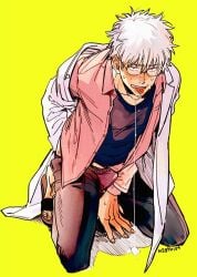 blush bulge class_3-z drooling drugs erection erection_under_clothes full_body gintama gintoki_sakata glasses kneeling labcoat looking_at_viewer male male_only nsgtkist official_alternate_costume open_mouth open_pants pants_down pill solo sweat teacher white_hair yellow_background