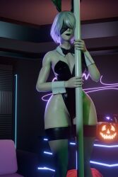 1girls 3d black_fingernails black_lipstick black_thighhighs blender bunny_ears cuffs enigmaj eyewear female_focus female_only grey_hair jack-o'-lantern leotard light-skinned_female nier:_automata nier_(series) pole pumpkin solo_female thick_thighs wide_hips yorha_2b