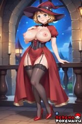 ai_generated big_breasts black_stockings black_thighhighs blue_eyes breastless_clothes breastless_clothing breasts breasts_out brown_hair casual_nudity dress game_freak heels nintendo red_heels serena_(pokemon) stockings thick_thighs thighhighs thighs topless_dress witch witch_hat