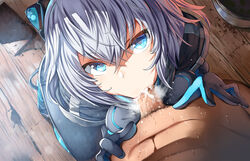 1boy 1girls bangs belko blue_eyes bodysuit breast_press breasts censored clothed_female_nude_male crossed_bangs cum cum_in_mouth day ejaculation erection eye_contact eyebrows_visible_through_hair fellatio female from_above gloves headgear icey icey_(game) kneeling lolicept looking_at_viewer mosaic_censoring no_hand_blowjob nude oral penis pov pov_eye_contact sex shade short_hair silver_hair small_penis solo_focus straight sucking sweat tsurime